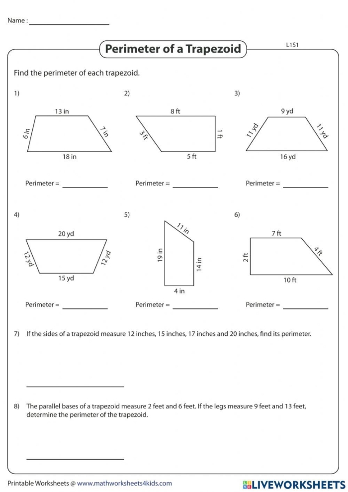 Students calculating trapezoid perimeters on a worksheet designed for third graders