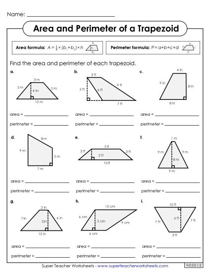 Trapezoid Perimeters worksheet for third graders to practice calculating side lengths