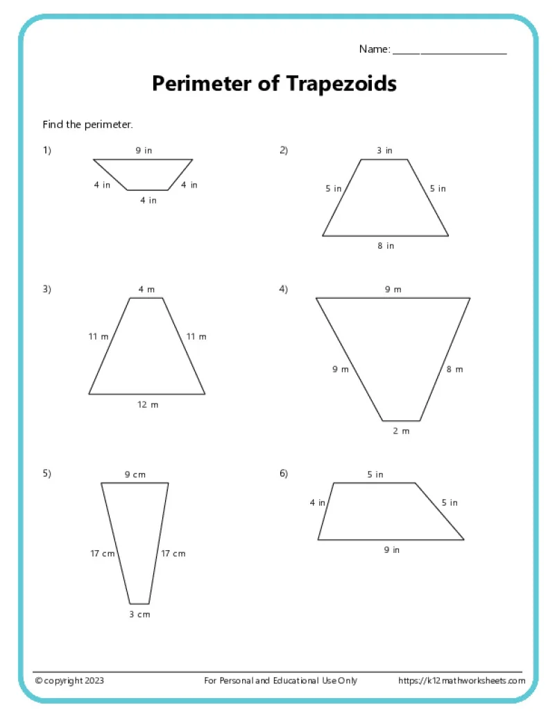 Trapezoid Perimeters worksheet for third graders, showing various trapezoids with labeled side lengths