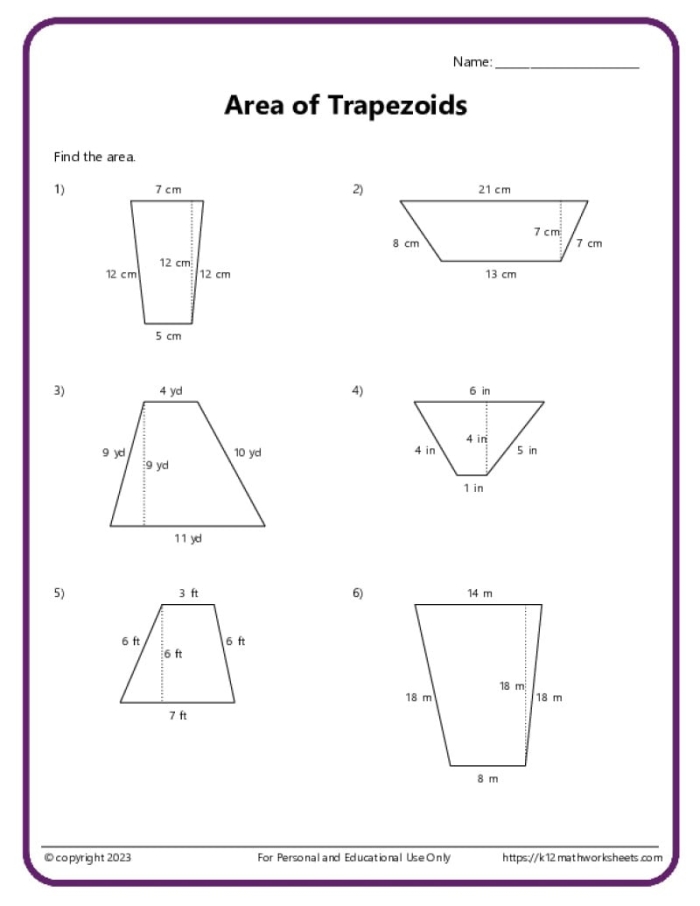 Trapezoid Perimeters worksheet for third graders to practice calculating side lengths