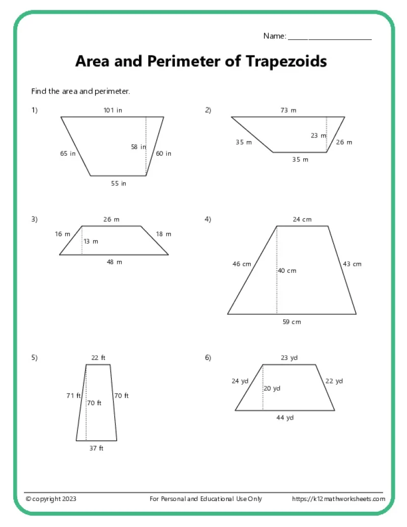 Worksheet featuring trapezoids for calculating perimeters in a third-grade geometry exercise