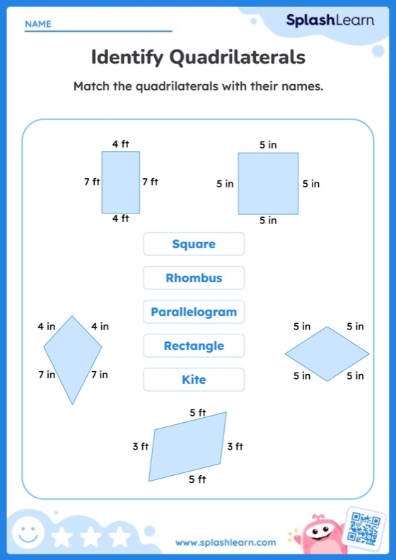 Second grade geometry worksheet showing colorful trapezoids and quadrilaterals for students to identify and count among various 2D shapes