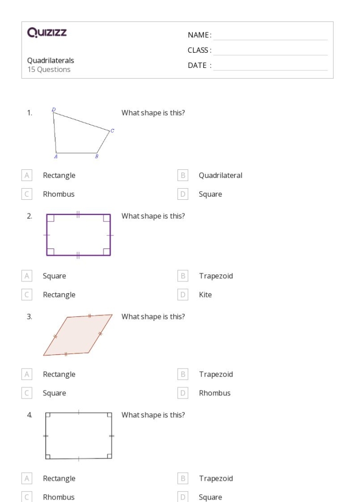 Second grade students practicing geometry by coloring and counting various quadrilaterals and trapezoids on a worksheet