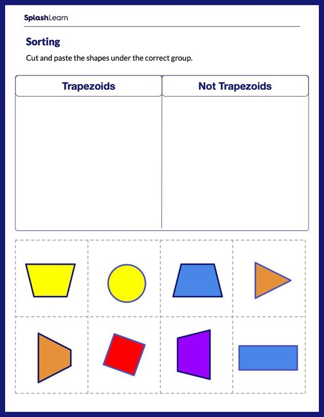 Students identifying and coloring trapezoids and quadrilaterals among various 2D shapes in a second grade geometry worksheet activity