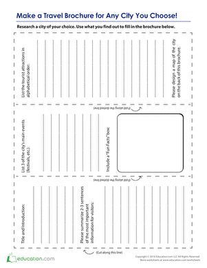 Algebra worksheet for Fourth Grade Worksheet activity for creating a travel brochure about any city, designed for fourth-grade algebra students. Engaging resource for students to research and present interesting facts about their chosen city.