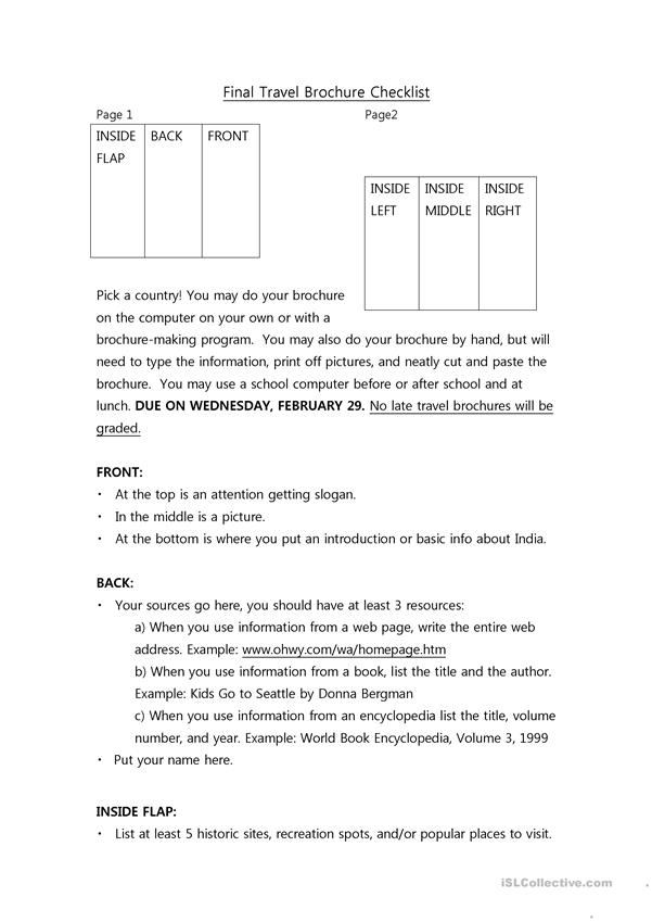Travel Brochure Creation Activity for Students Worksheet for creating a travel brochure about any city for fourth graders