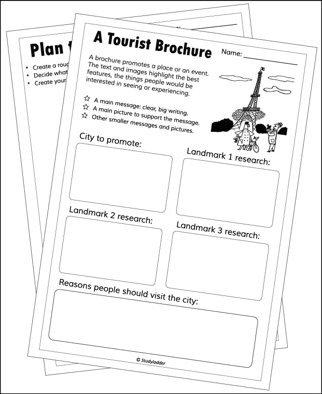 Algebra worksheet for Fourth Grade Worksheet for creating a travel brochure about any city, designed for fourth graders. Educational activity encouraging research and creativity in presenting travel information.