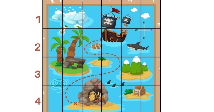 Treasure Math Map worksheet featuring subtraction problems for fifth graders