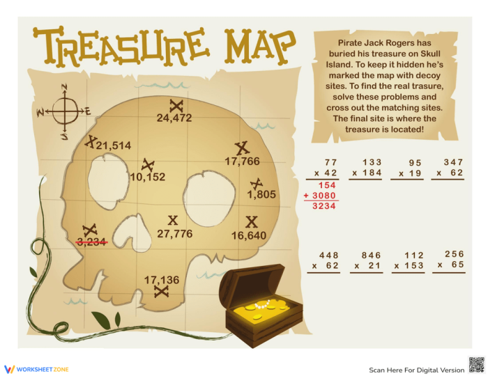 Treasure Math Map worksheet for fifth graders featuring subtraction challenges and a hidden treasure theme