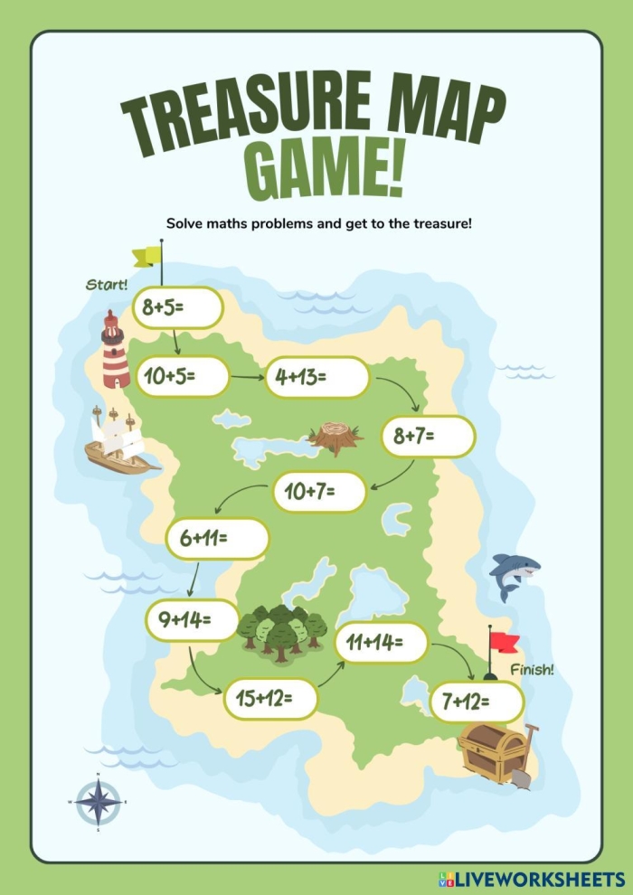 Treasure Math Map worksheet featuring subtraction practice for fifth graders