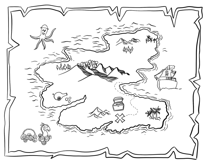 Treasure Math Map worksheet featuring subtraction problems for fifth graders to solve while finding Jack Rogers' treasure