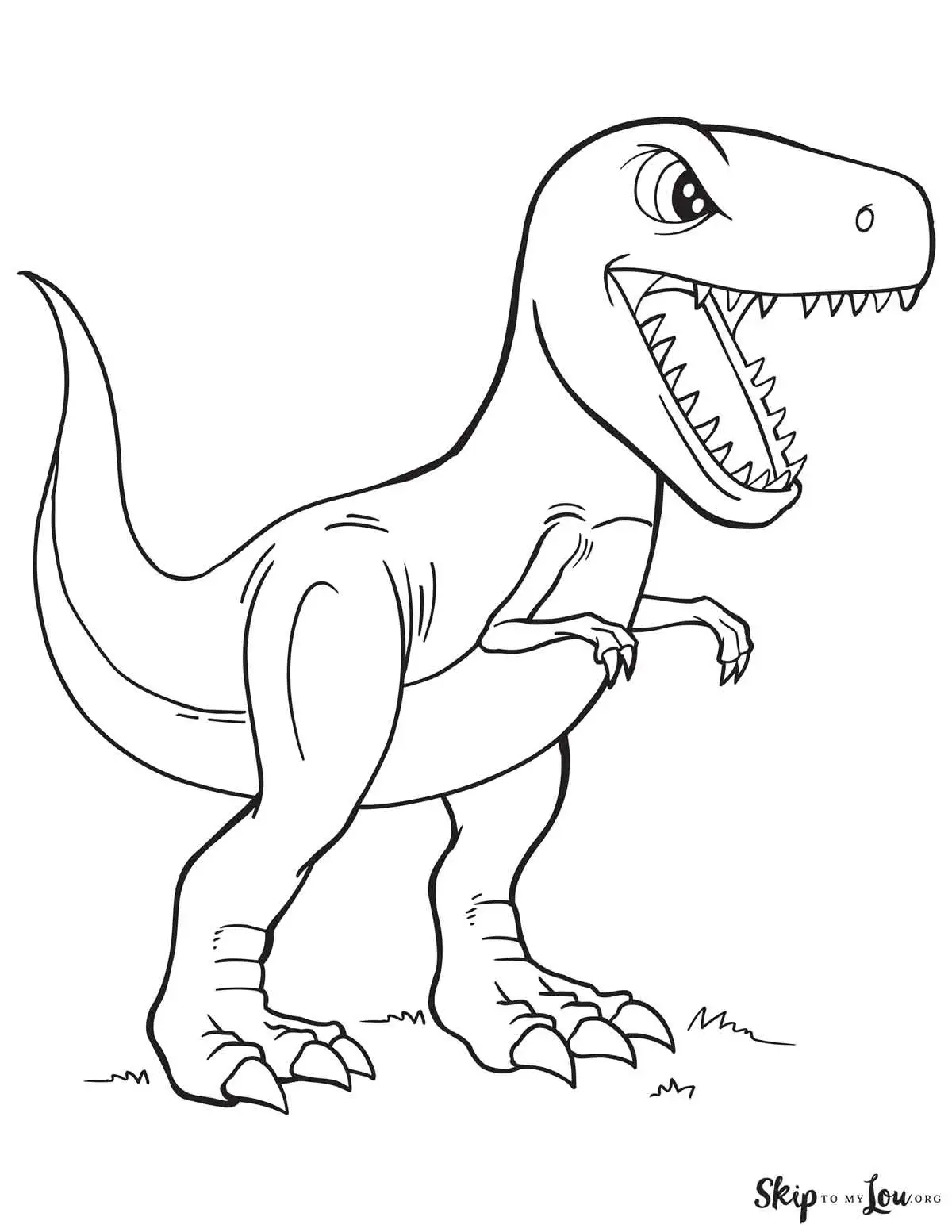 Pre-K reading worksheet featuring a ferocious Tyrannosaurus Rex for children to color