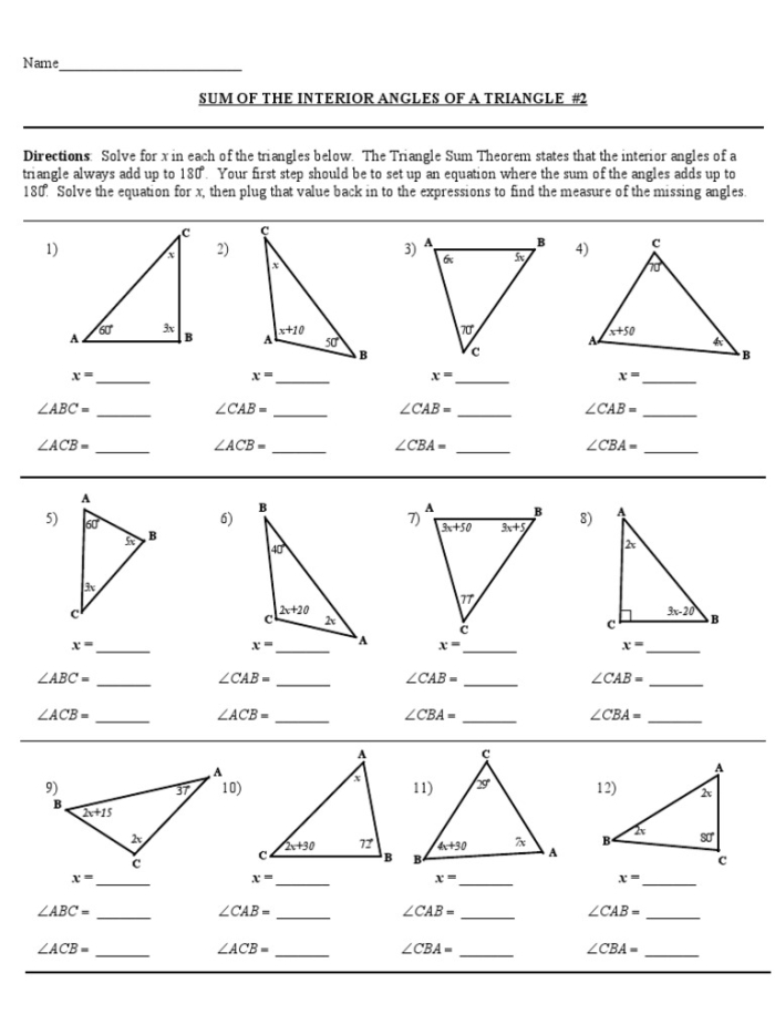 Two triangles with algebraic expressions for angle measures and variables to solve using the Triangle Angle-Sum Theorem