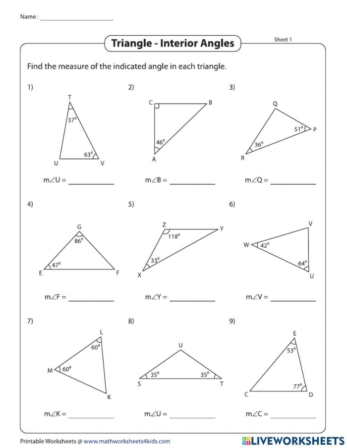 Two triangles with algebraic expressions for angle measures requiring students to apply the Triangle Angle-Sum Theorem to find variable values in eighth grade geometry