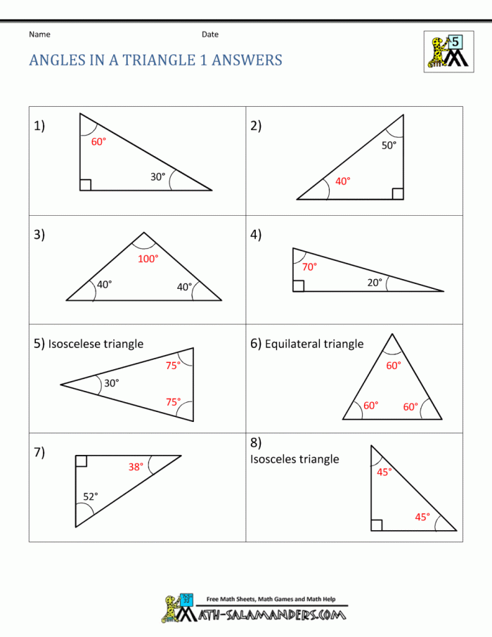 Worksheet for finding missing angles in triangles using the Triangle Angle Sum Theorem