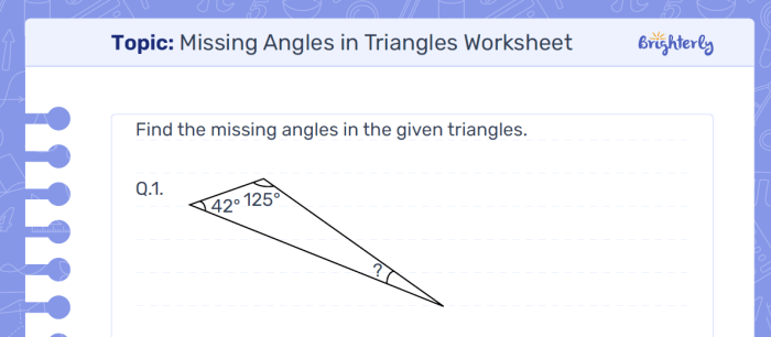 Eighth-grade worksheet on finding missing angles in triangles using the Triangle Angle Sum Theorem