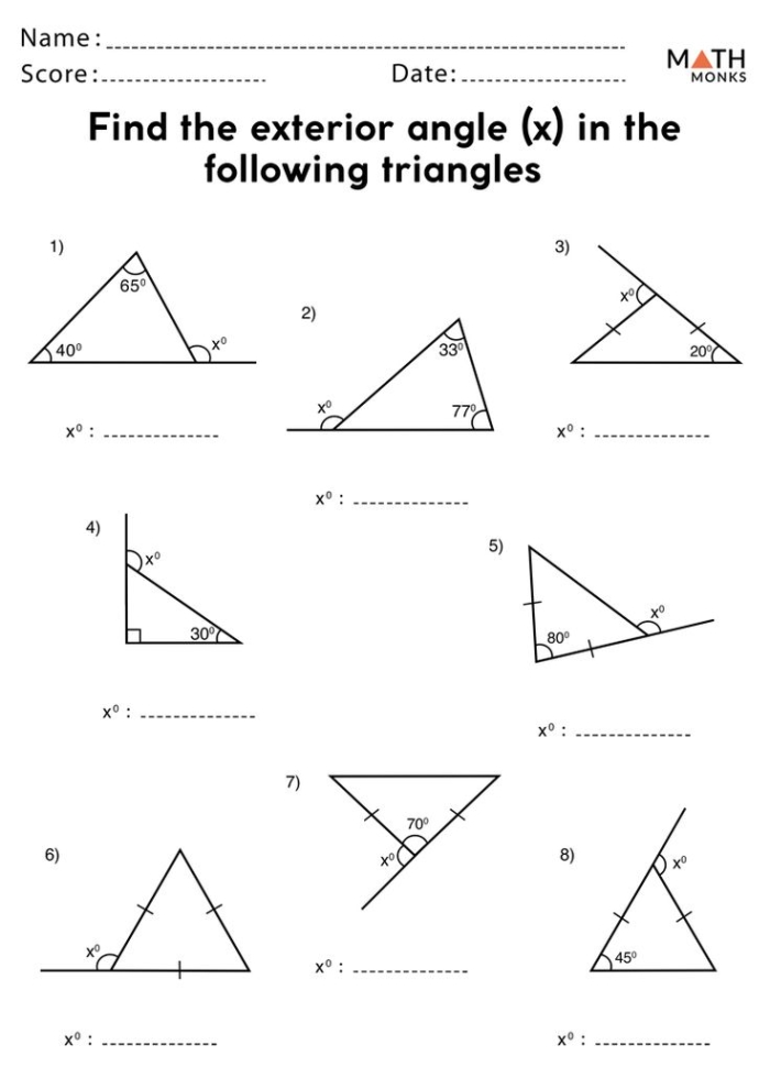Triangle Angles Worksheet for Fifth Grade Students Students solving for unknown angles in various triangles on a geometry worksheet