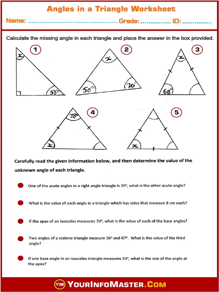 Numbers and Counting worksheet for Fifth Grade Worksheet showing fifth graders calculating unknown angles in triangles and identifying their types. Triangle Angles worksheet for fifth grade geometry practice.