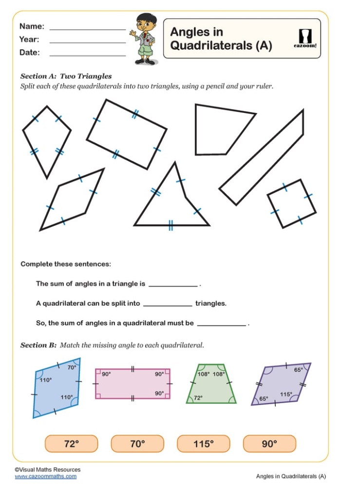Numbers and Counting worksheet for Fifth Grade Worksheet featuring various triangles for students to calculate unknown angles and classify them. Triangle Angles worksheet for fifth graders focusing on geometry concepts.