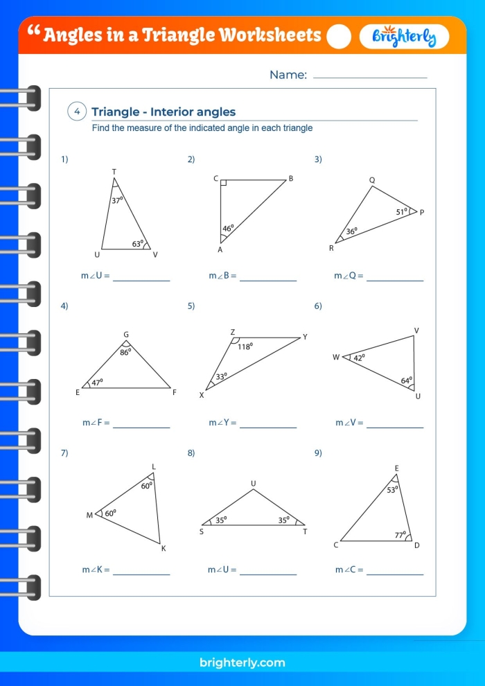 Triangle Angles worksheet for identifying triangle types and unknown angles Worksheet for finding angles in triangles for fifth graders