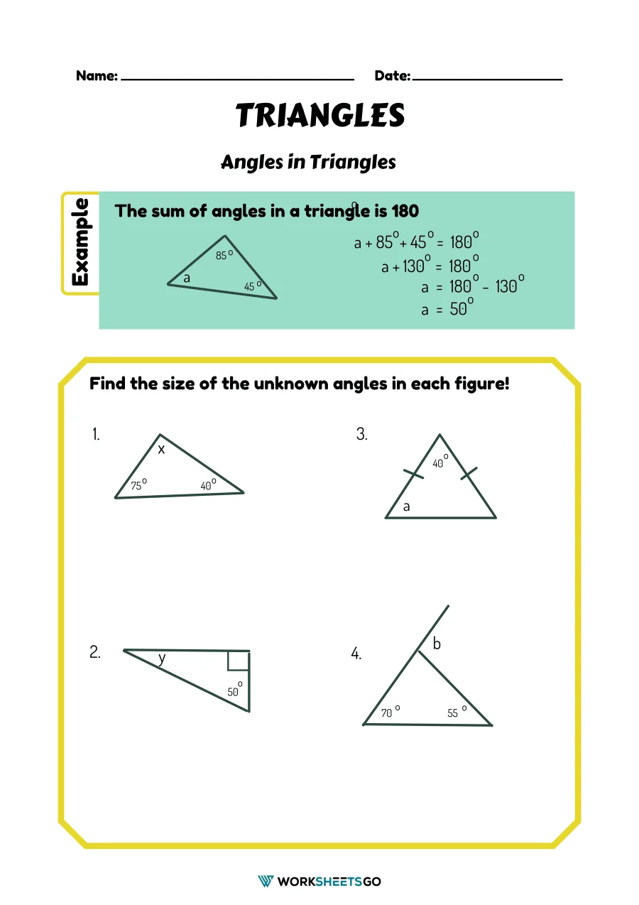 Triangle Angles Worksheet for Grades 5: Identify Triangle Types Worksheet for finding unknown angles in triangles for fifth graders