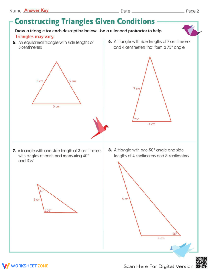 Constructing Triangles Given Conditions Worksheet Number 20 Seventh grade math worksheet page featuring geometric problems for constructing triangles given specific side and angle conditions