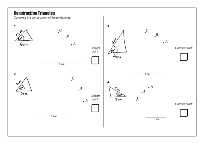 Constructing Triangles Given Conditions Worksheet 24 Seventh grade math worksheet displaying steps for constructing triangles based on provided side and angle conditions