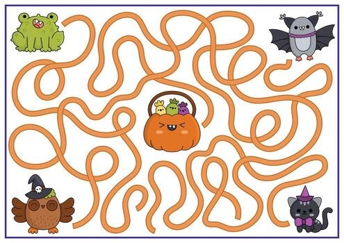 A colorful maze worksheet for kindergarteners featuring a trick-or-treating theme with candy pieces. Trick-or-Treat Game worksheet for kids to enjoy while practicing reading skills.