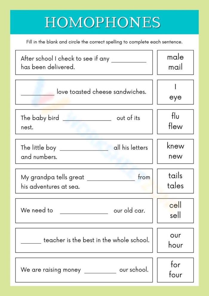 Fill-in-the-blanks grammar worksheet to help students distinguish between similar-sounding words Tricky Homophones worksheet for fourth graders focusing on fill-in-the-blanks exercises