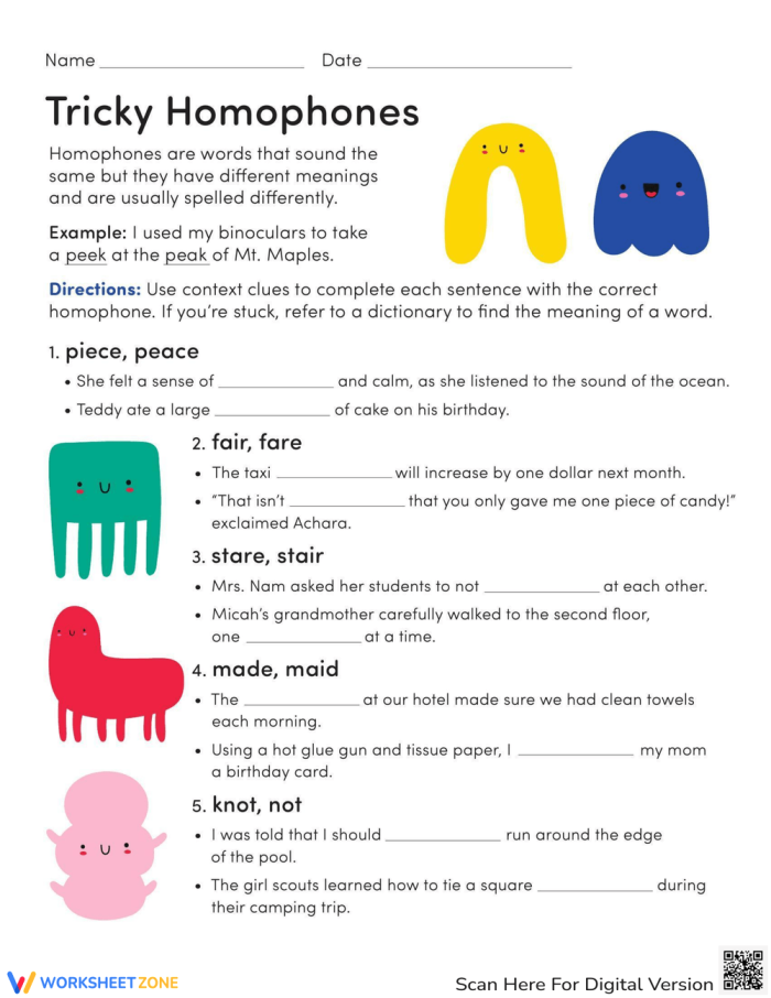 Fourth grade grammar worksheet to help students differentiate between homophones like piece and peace Tricky Homophones worksheet for fourth graders focusing on fill-in-the-blanks exercises