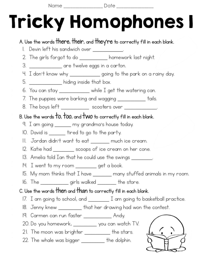 Fill-in-the-blanks grammar exercise on homophones for reading practice at grade four Tricky Homophones worksheet for fourth graders focusing on differentiating homonyms like piece and peace