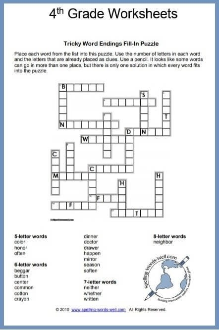 Visual representation of the spelling exercise from the Tricky Word Challenge worksheet for Grade 4 Worksheet for the Let's Spell: Tricky Word Challenge focusing on spelling practice for fourth graders