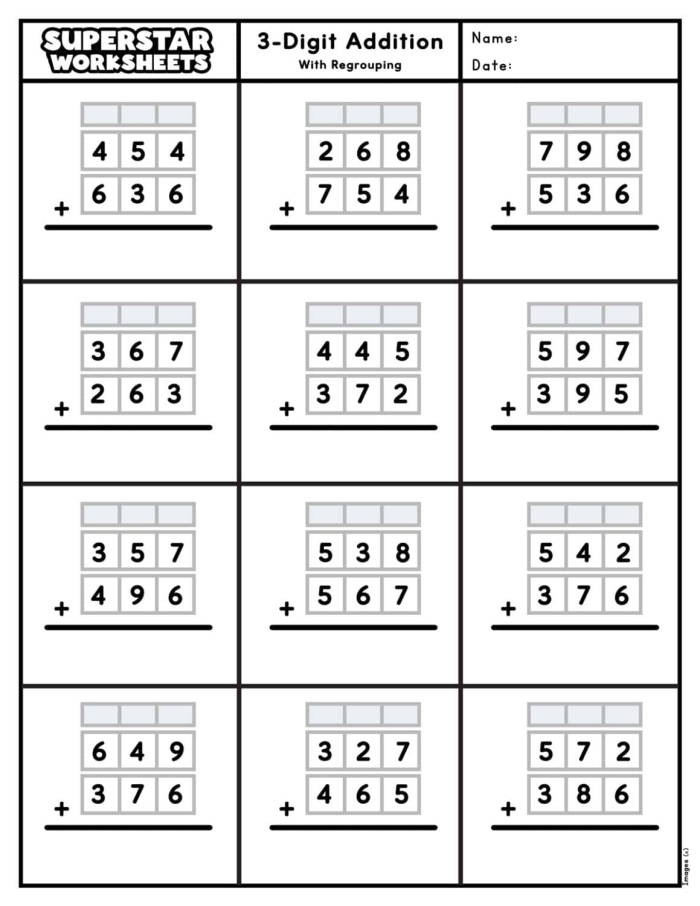 Three-digit addition practice problems displayed on a worksheet for elementary learners