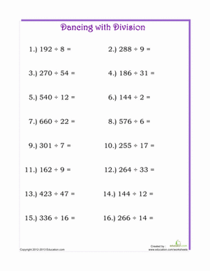 Practice dividing triple digit numbers with single and double digit divisors Worksheet featuring triple digit division exercises for fourth graders