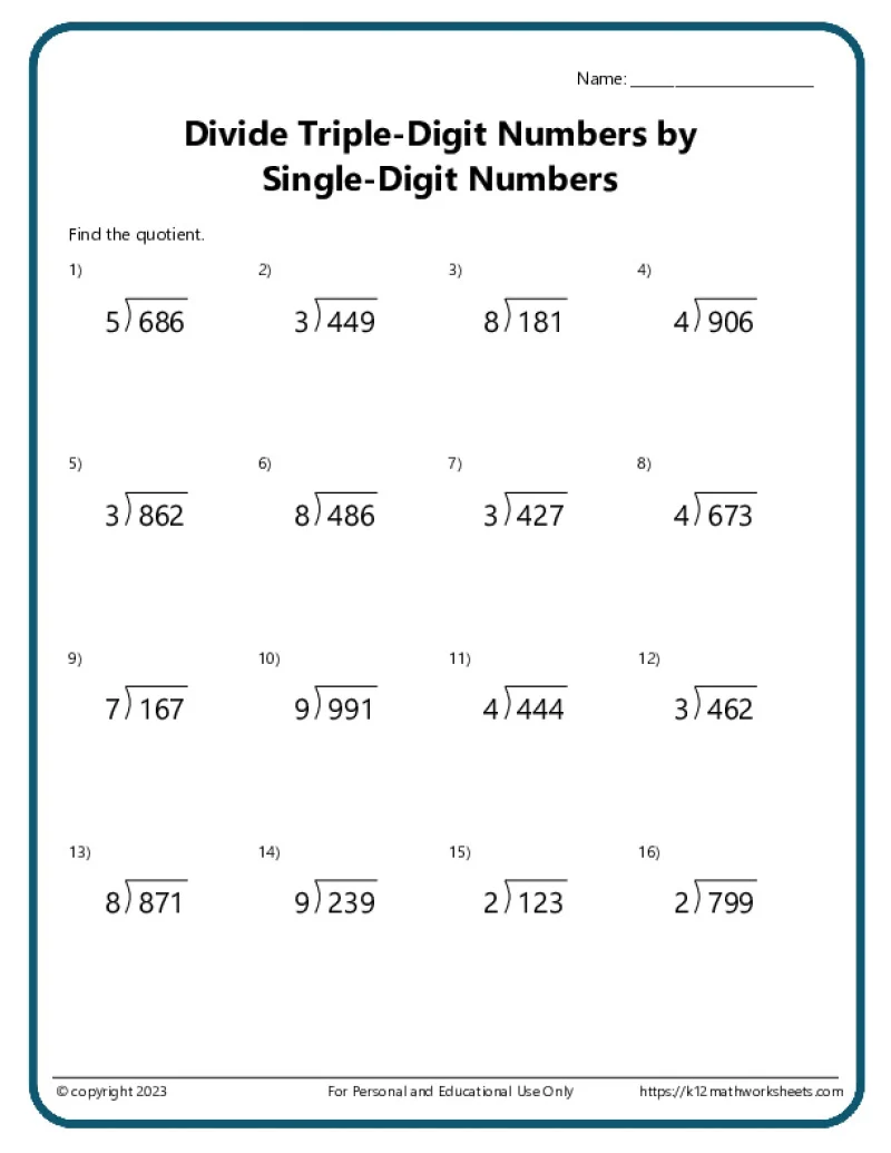 Engaging worksheet to help students master dividing triple digit numbers by single or double digits Triple Digit Division worksheet for fourth graders focusing on advanced division skills