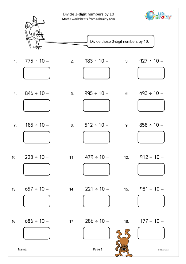 Practice challenging division problems with single and double digit numbers Worksheet featuring Triple Digit Division exercises for fourth graders