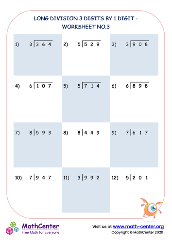 Practice dividing single and double digit numbers into a three-digit number Worksheet featuring triple digit division problems for fourth graders