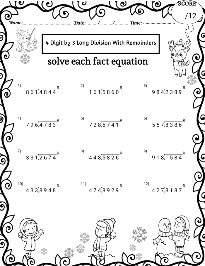 Practice dividing single and double digit numbers into a three-digit number Worksheet featuring triple digit division problems for fourth graders