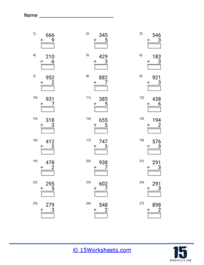 Practice division with single and double digit numbers in this engaging worksheet Worksheet featuring triple digit division problems for fourth graders