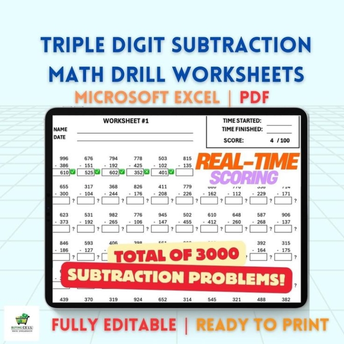 Worksheet featuring triple-digit subtraction problems for third graders