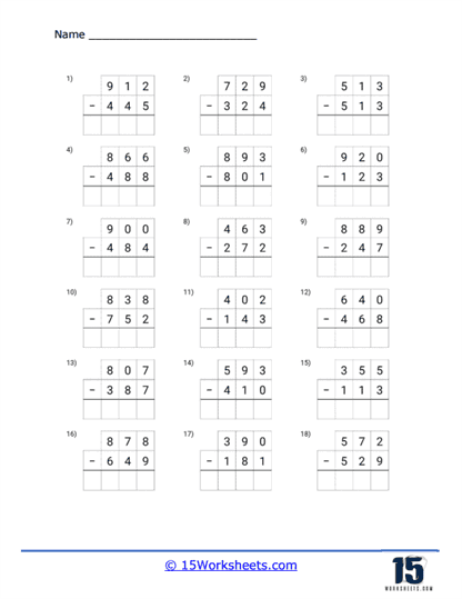 Worksheet featuring triple-digit subtraction problems for third graders