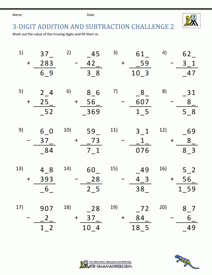 Worksheet featuring triple-digit subtraction problems for third graders