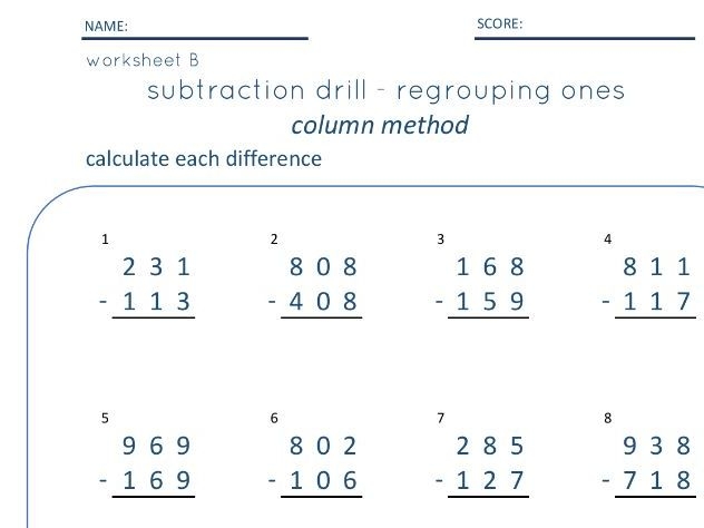 Third grade student practicing regrouping with a triple-digit subtraction worksheet
