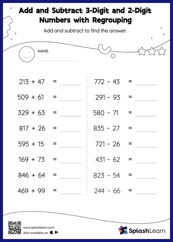 Third grade student worksheet featuring fifteen three-digit subtraction problems requiring regrouping skills