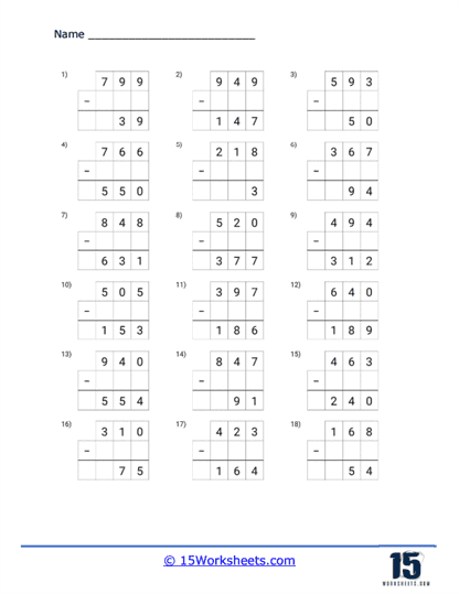 Third grade worksheet featuring triple-digit subtraction problems with regrouping for practice
