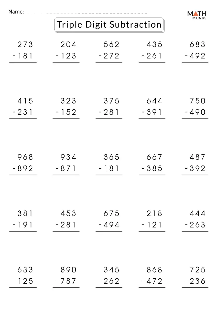 Triple-digit subtraction worksheet for third graders featuring 15 problems with regrouping