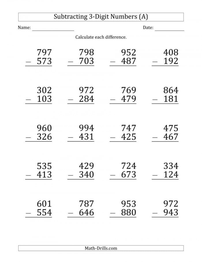 Third grade worksheet featuring 15 triple-digit subtraction problems requiring regrouping