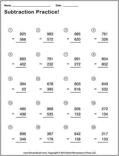 Third grade student working on a set of 15 triple-digit subtraction with regrouping math problems