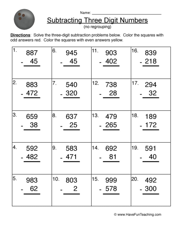 Three-digit subtraction worksheet for third graders featuring 15 problems with regrouping