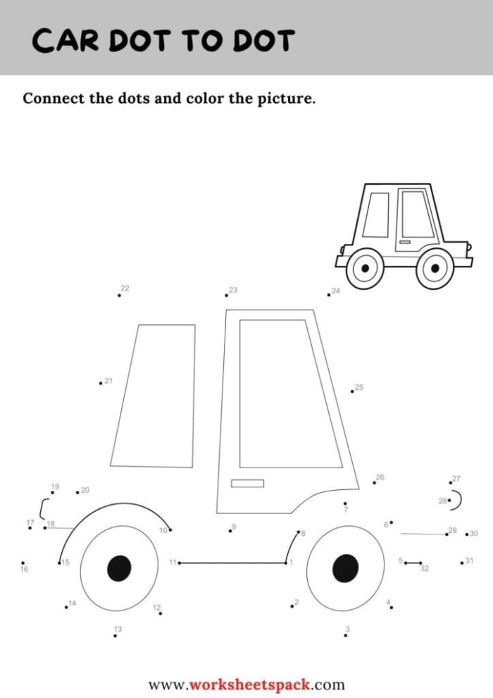 Engaging truck dot-to-dot activity emphasizing the letter T Truck dot-to-dot worksheet for Pre-K kids learning the alphabet